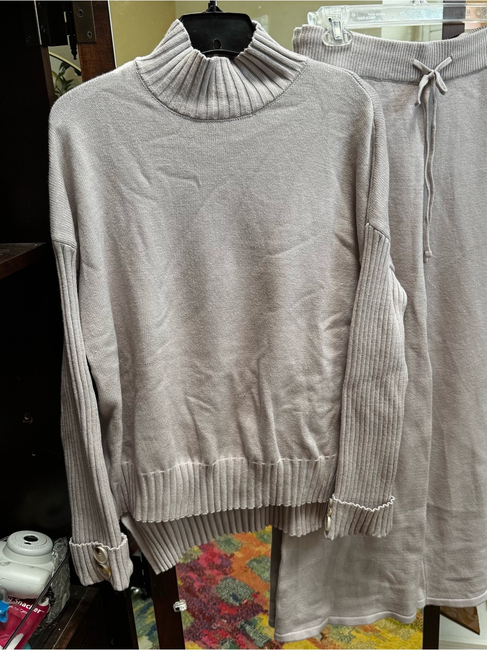 Women's Ribbed Mock Neck Sweater/Wide legged Pants set in Light Taupe